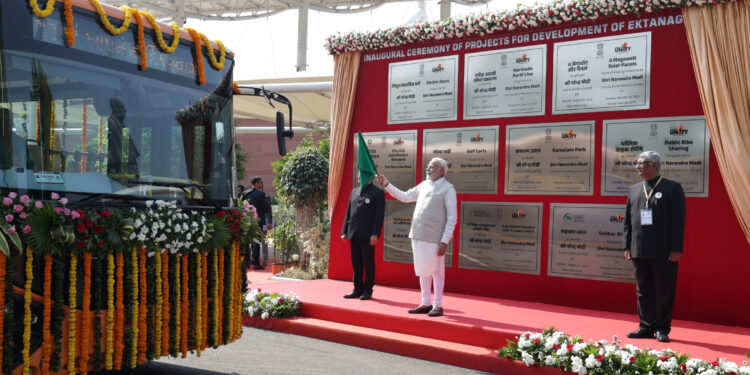 PM flags off e-buses & e-bicycles and launches multiple development projects at Kevadia, in Gujarat on October 31, 2023.