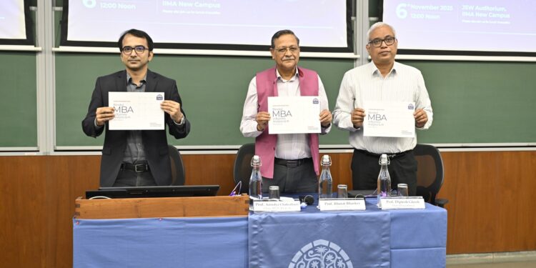Prof Anindya Chakrabarti, Prof Bharat Bhasker, and Prof Diptesh Ghosh launched the Blended MBA programme in BA & AI at IIMA today